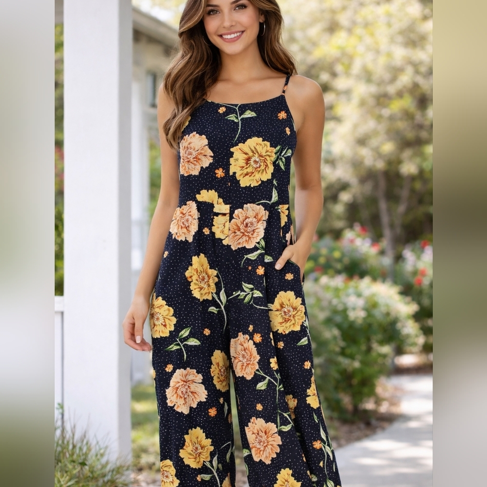 QED London Navy Floral Wide-Leg Jumpsuit with Yellow Blooms